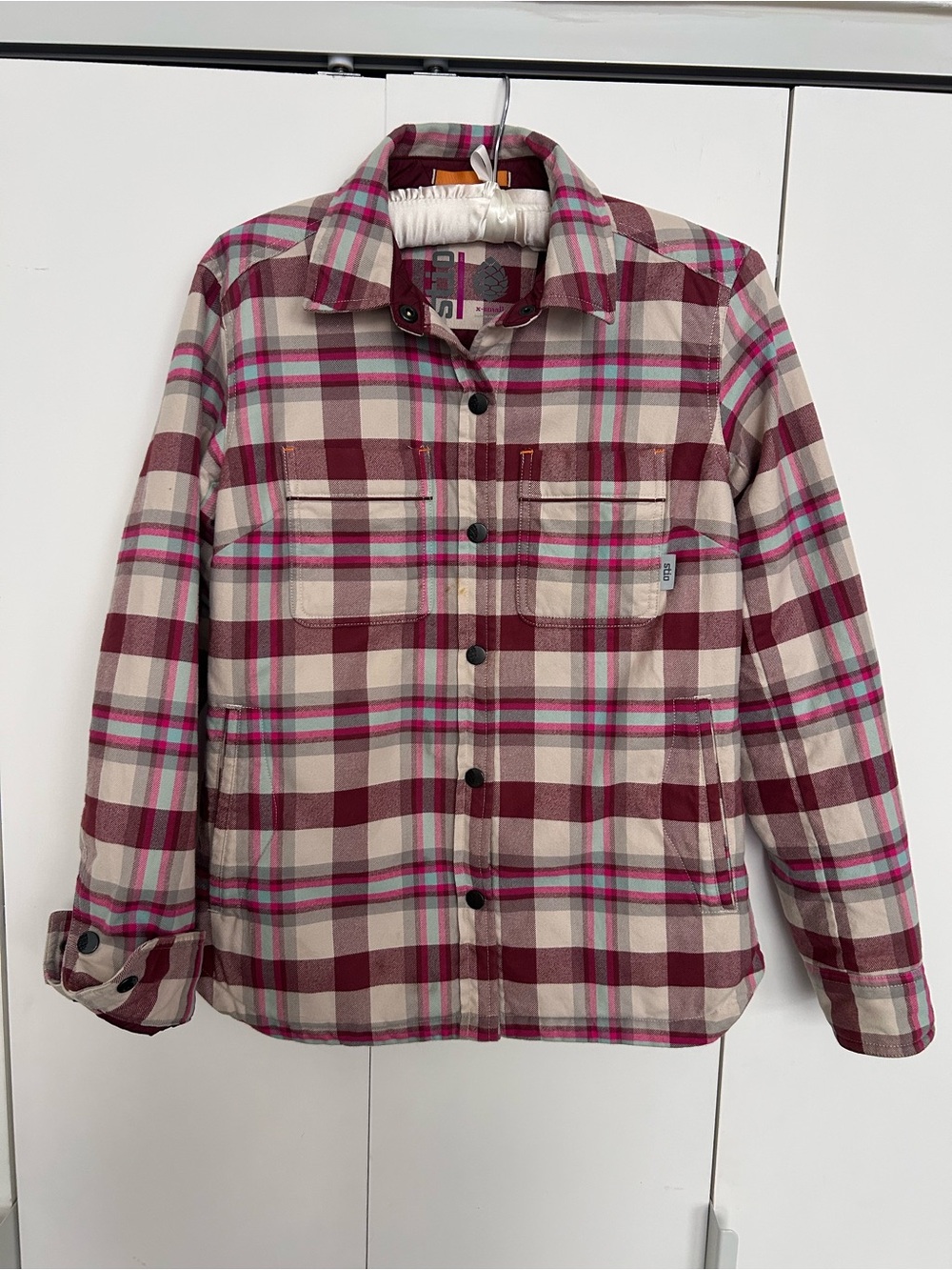 Stio women’s insulated Plaid Button-Down Jacket - Burgundy, Cream & Pink